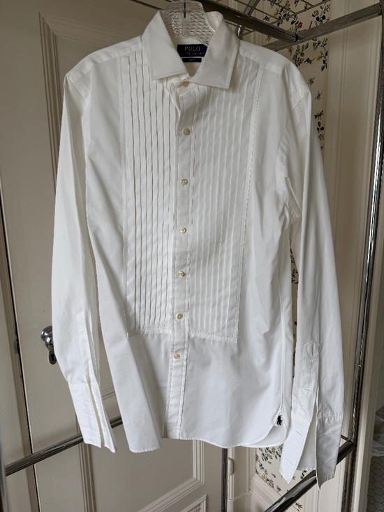 Polo Ralph Lauren Other - Polo Ralph Lauren White Pleated Front Tuxedo Dress Shirt Black Pony Logo Sz15/38